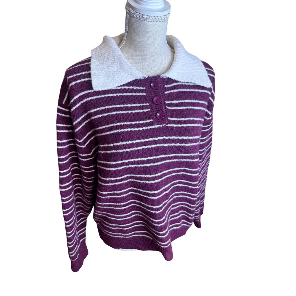 Fashion Nova Striped Polo Sweater Burgundy White Henley Knit Top wool blend sz S